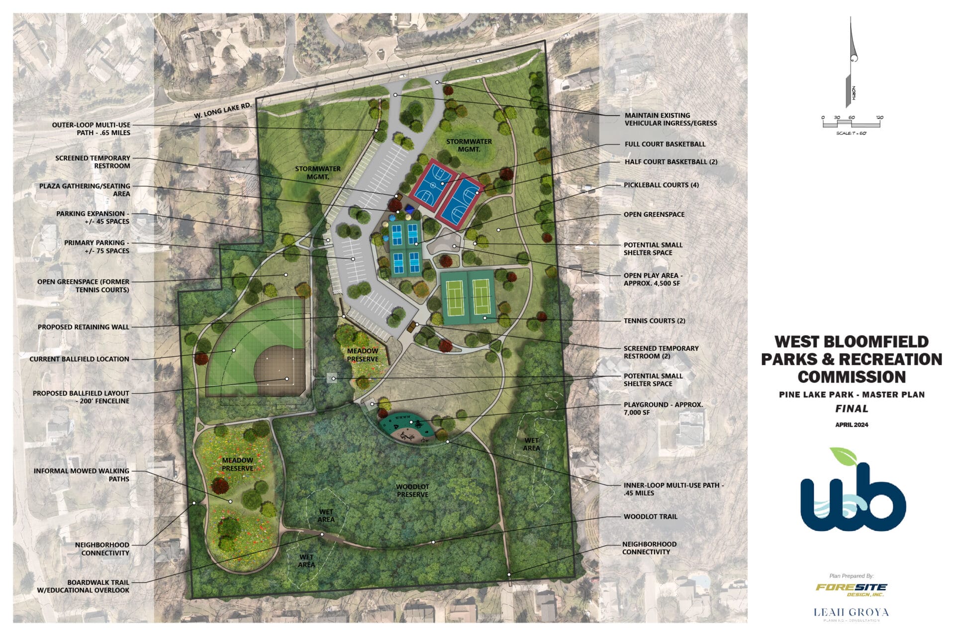 Vision for the future: The detailed site plan of Pine Lake Park outlining the strategic phases of enhancements planned over the next five years.